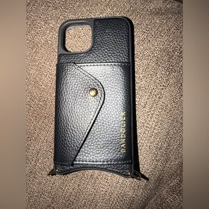 Bandolier Black Leather Phone Case IPhone 12 with card holder.